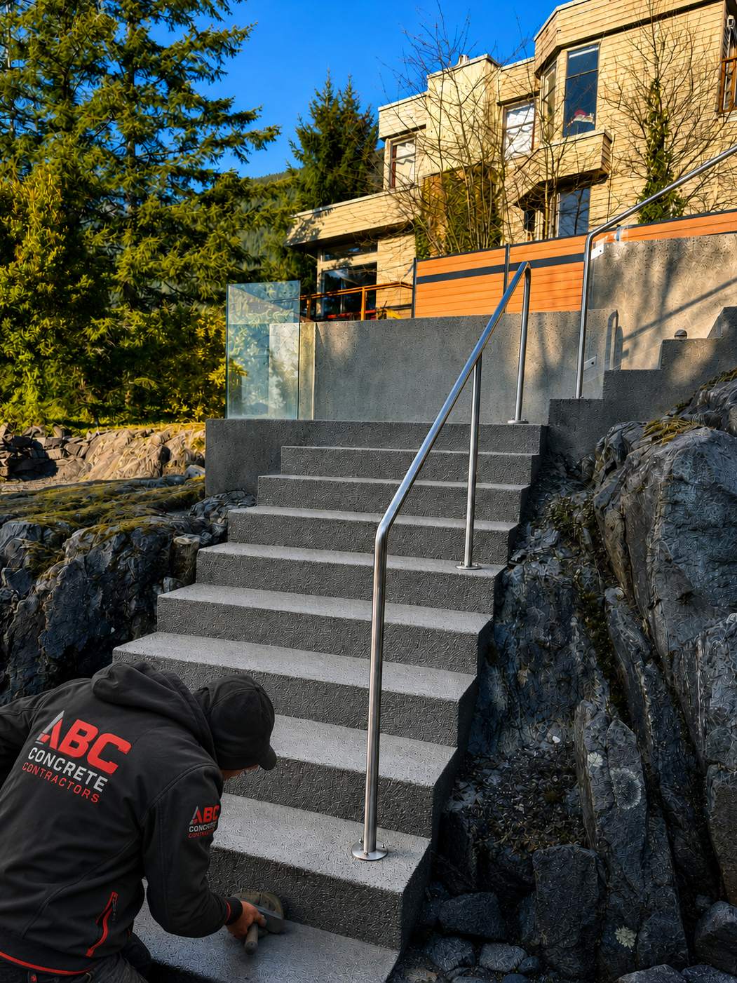 ABC Concrete Contractors crew member finishing poured concrete stairs set into a rock outcrop, with a stainless handrail, on a North Shore property