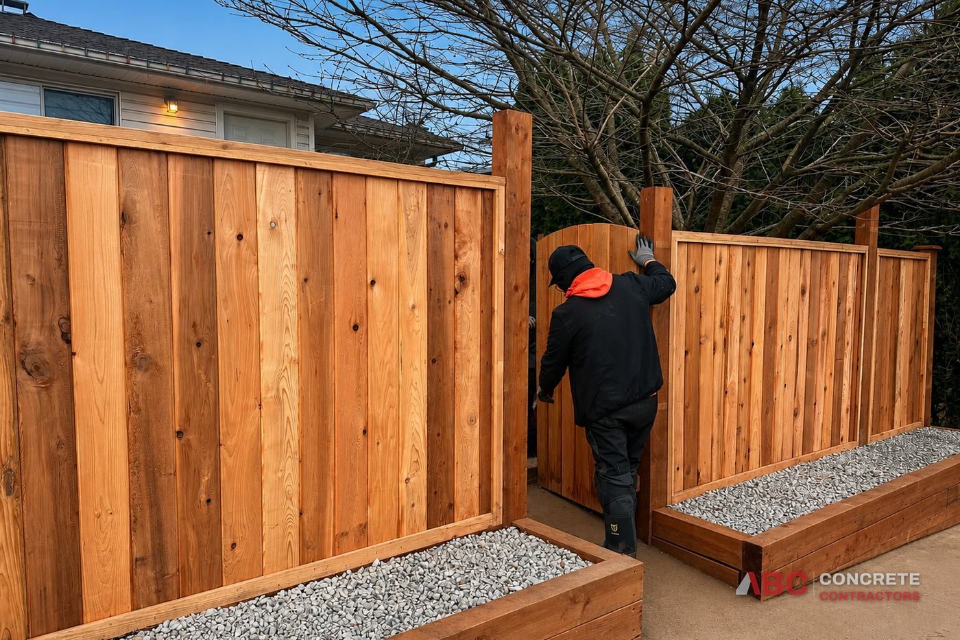 New cedar privacy fence with matching planter boxes and gravel beds, installed by ABC Concrete Contractors